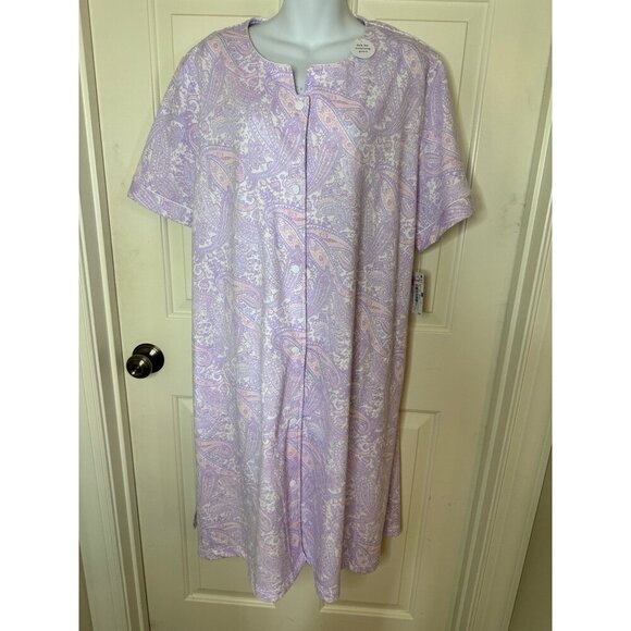 Miss Elaine Womens Paisley Snap Front Large Cotton/ Poly Short Sleeve Robe Purpl - Picture 2 of 8